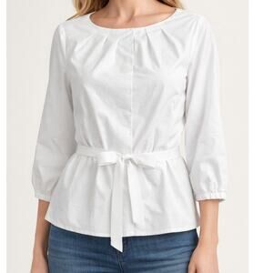 Pendleton White Swiss Dot Poplin Peplum Blouse Tie Waist 3/4 Sleeve Size 6